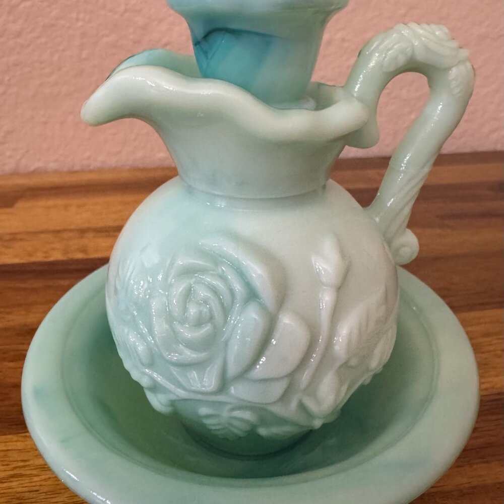 Vintage Avon Aqua/Green Mini Pitcher and Bowl Set - Picture 2 of 12